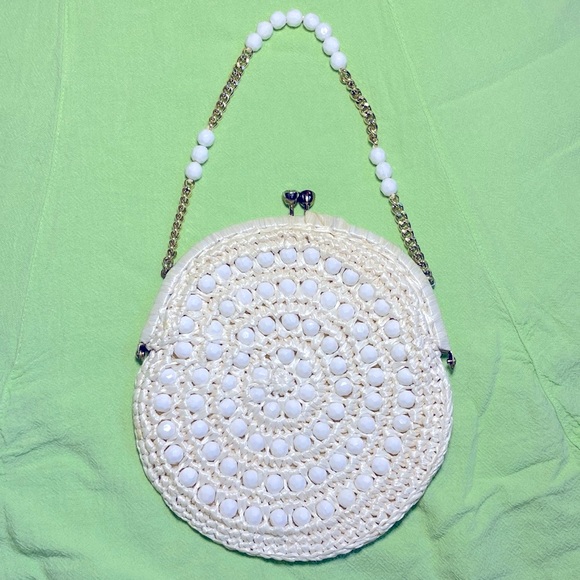 Vintage 60s Woven White Straw & Beaded Handbag by Marcus Brothers of Miami - Picture 3 of 16